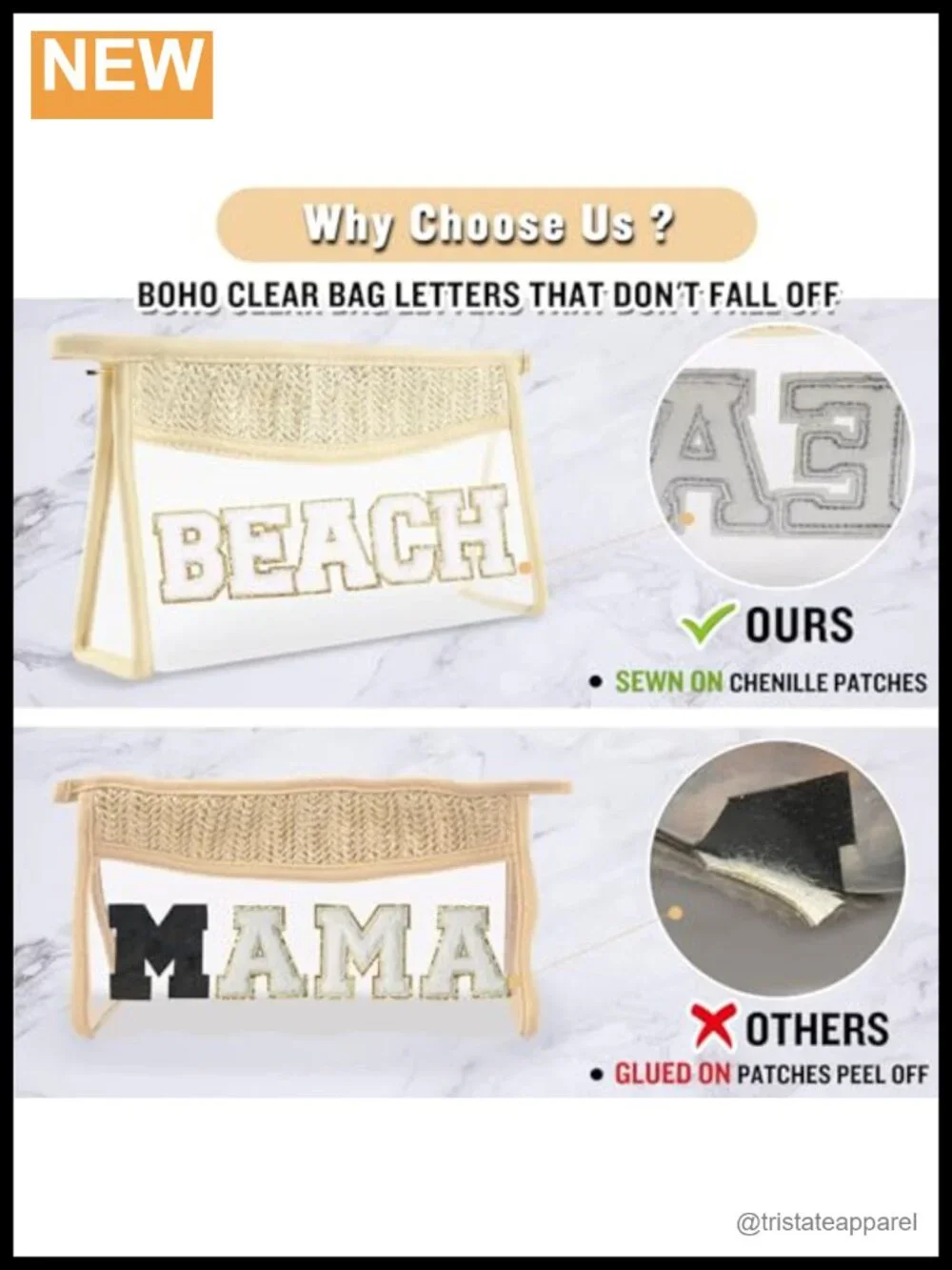 Clear Cosmetic Bag with Chenille Letter Patch, Waterproof PVC Makeup Pouch